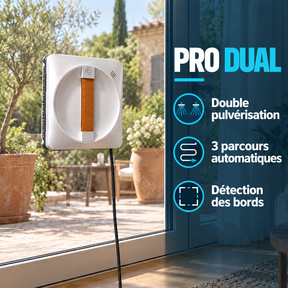 Pro Dual sur une baie vitrée de maison : double pulvérisation, parcours automatiques et détection des bords