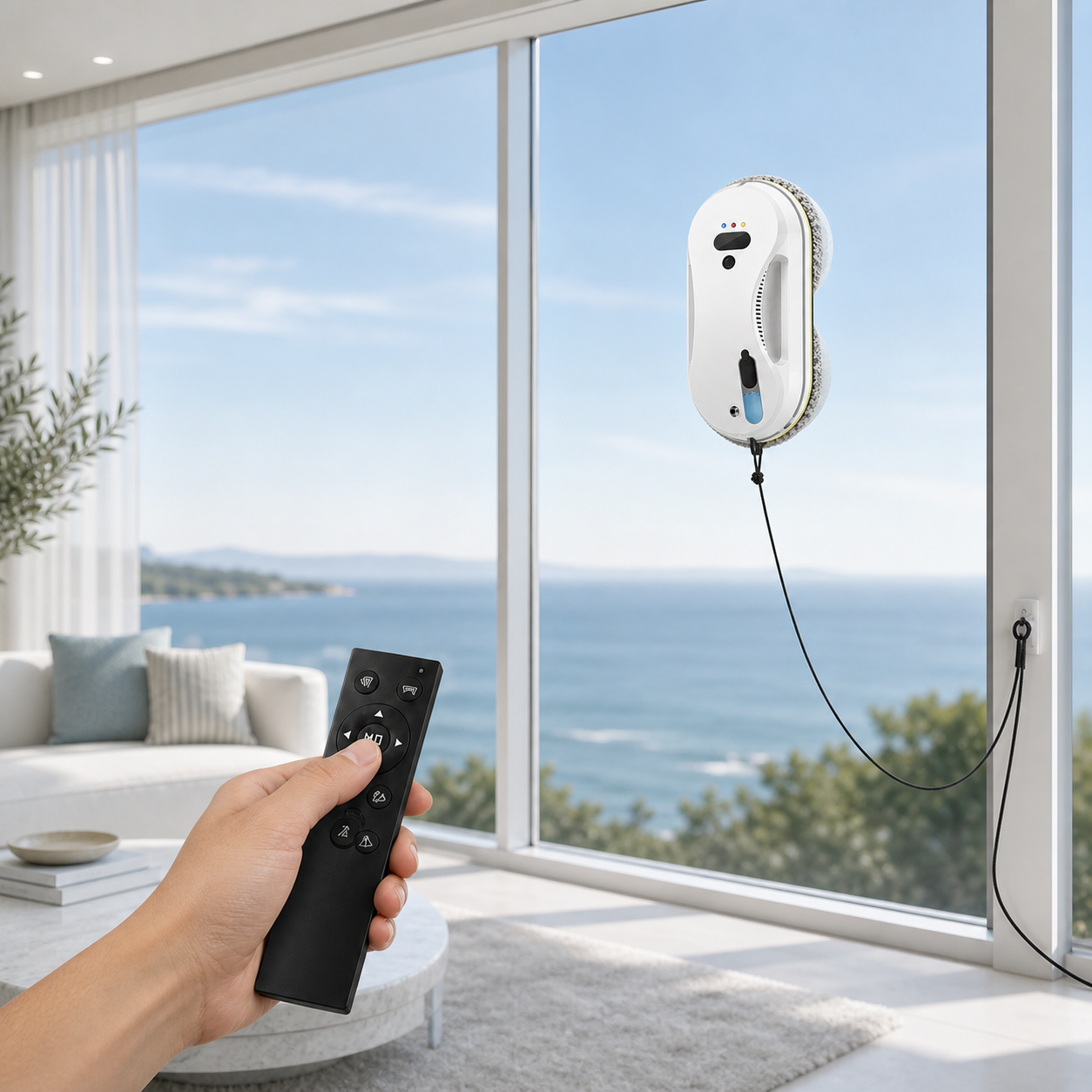 Télécommande de LUSTRUVA ClearOne devant une baie vitrée