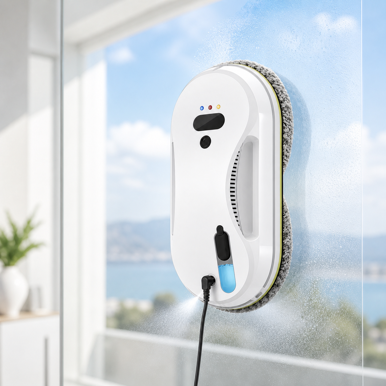 Pulvérisation du robot LUSTRUVA ClearOne sur une vitre